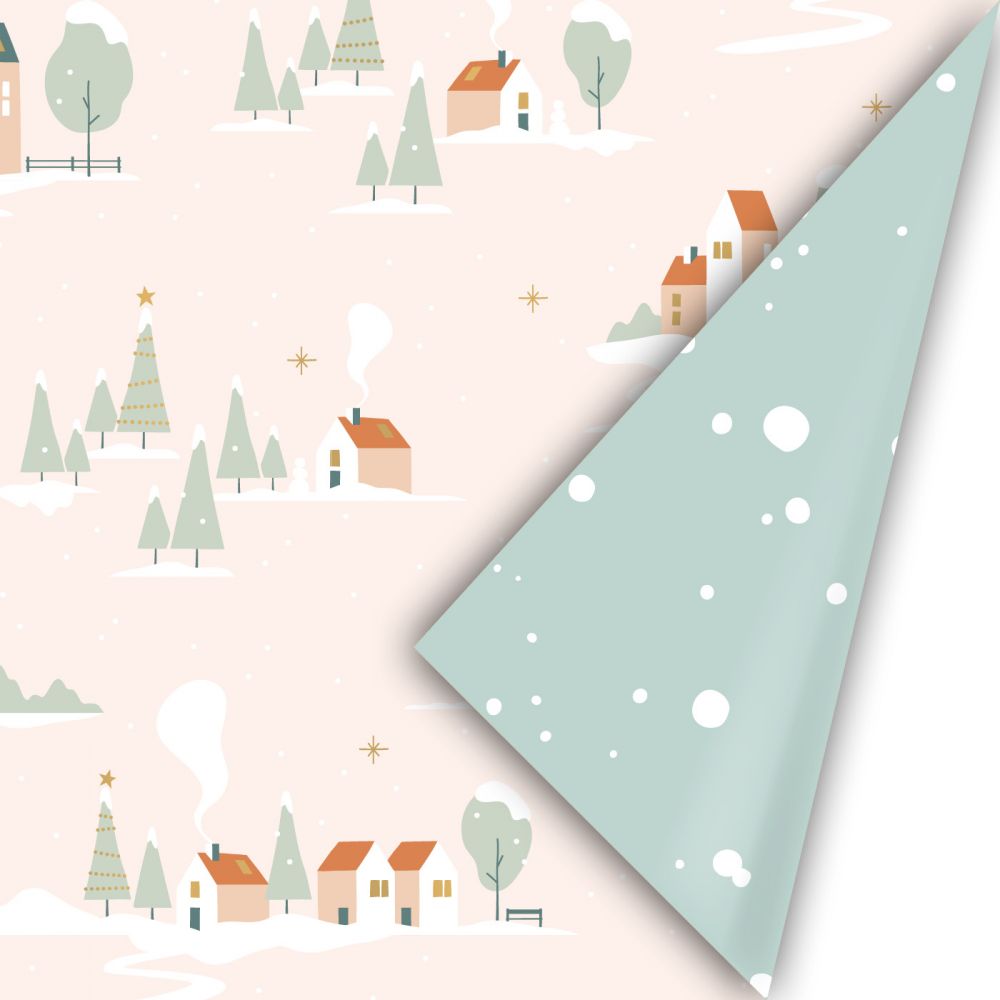 Collectiv warehouse : cadeaupapier kerst - huisjes roze