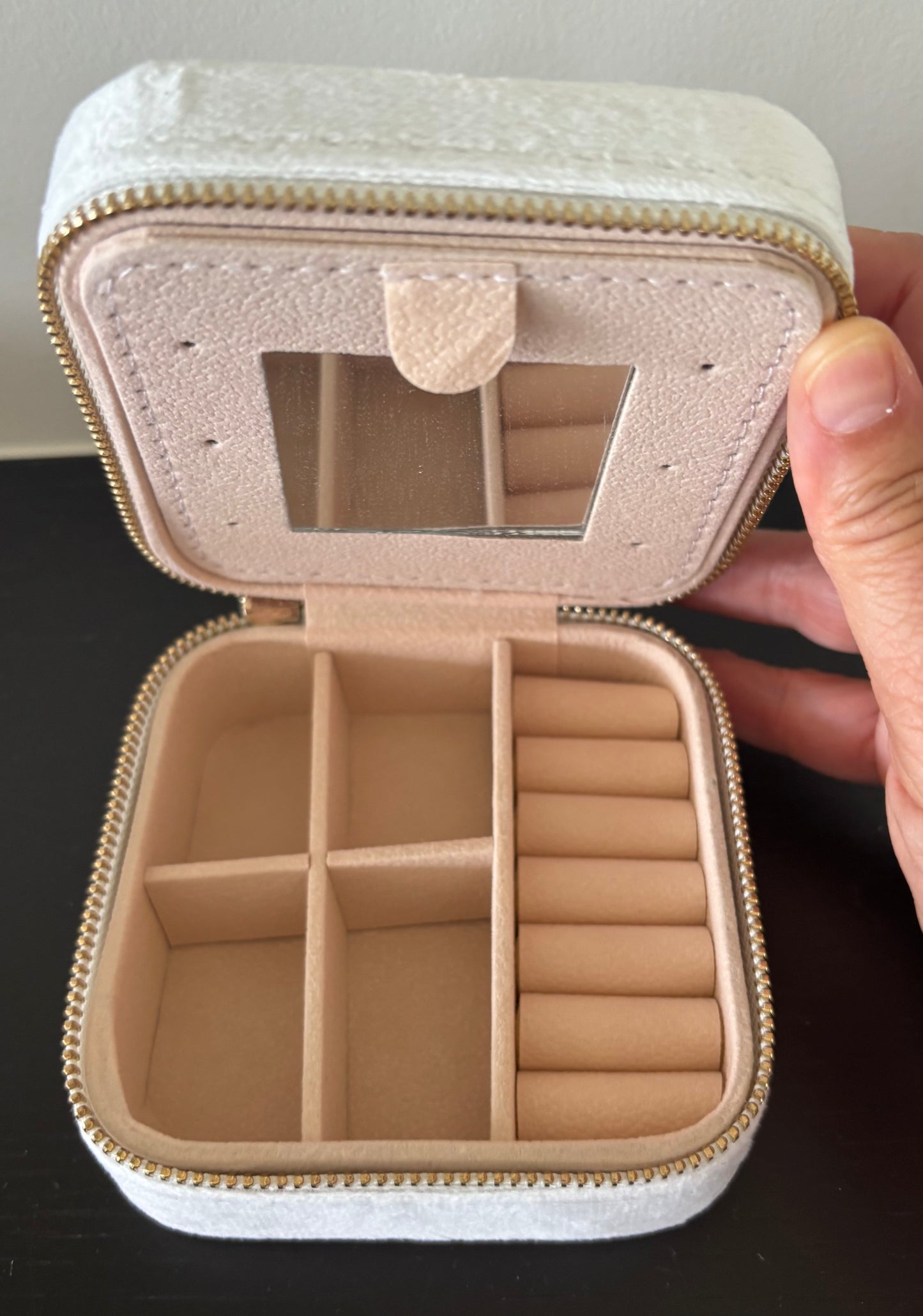 Juwelendoosje : velours met spiegeltje - off white