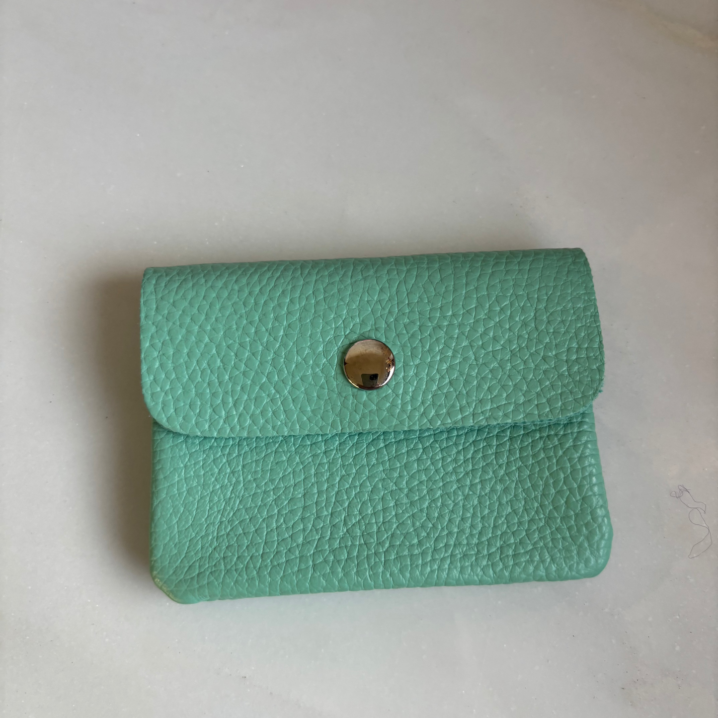 Kleine lederen portemonnee - groen/blauw met zilveren drukknop