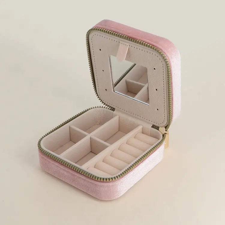 Juwelendoosje : vierkant met speiegeltje velours - roze