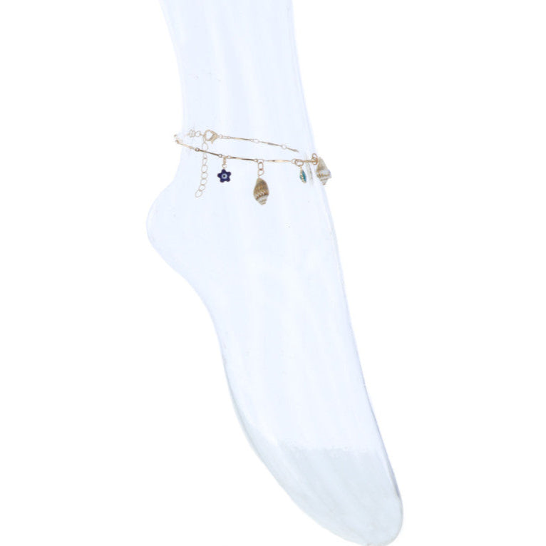 Enkelbandje met schelpen en parels - blauw