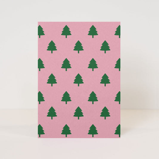 Wenskaart : kerst - roze met kerstboom